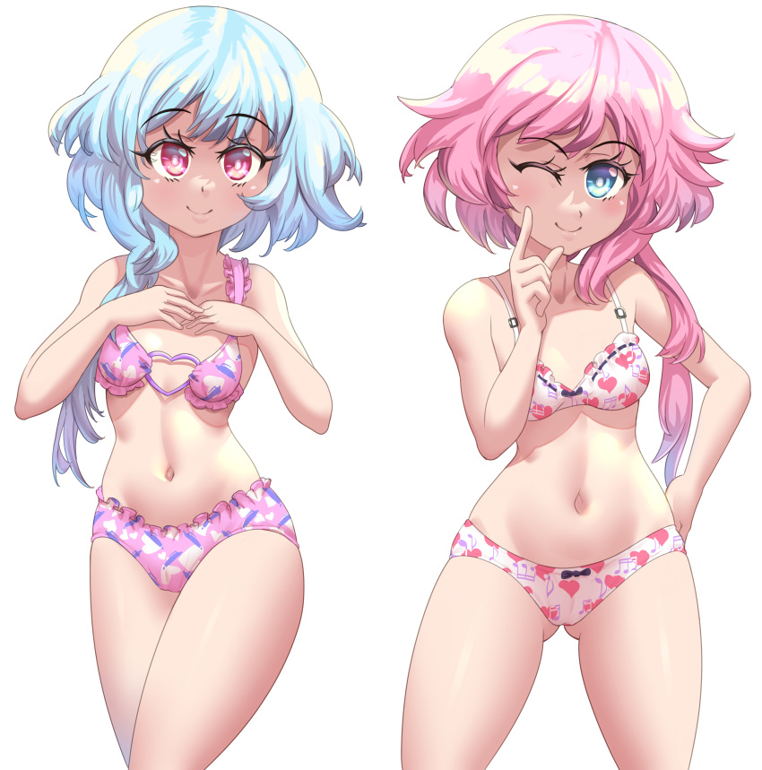 2girls ;) absurdres ass_visible_through_thighs blue_eyes blue_hair blush bra breasts cjhomics cowboy_shot english_commentary finger_to_eye finger_to_own_chin frilled_bra frilled_panties frills gradient_hair groin hand_on_hip hand_up hands_on_own_chest hands_up heart heart_o-ring heart_print highres hip_focus legs_apart lingerie looking_at_viewer medium_hair midriff multicolored_hair multiple_girls musical_note musical_note_print navel neptune_(series) no_wings o-ring o-ring_top one_eye_closed panties pink_bra pink_eyes pink_hair pink_panties short_hair_with_long_locks siblings side_ponytail sisters small_breasts smile standing thighs twins underwear underwear_only white_bra white_panties white_sister_ram white_sister_rom