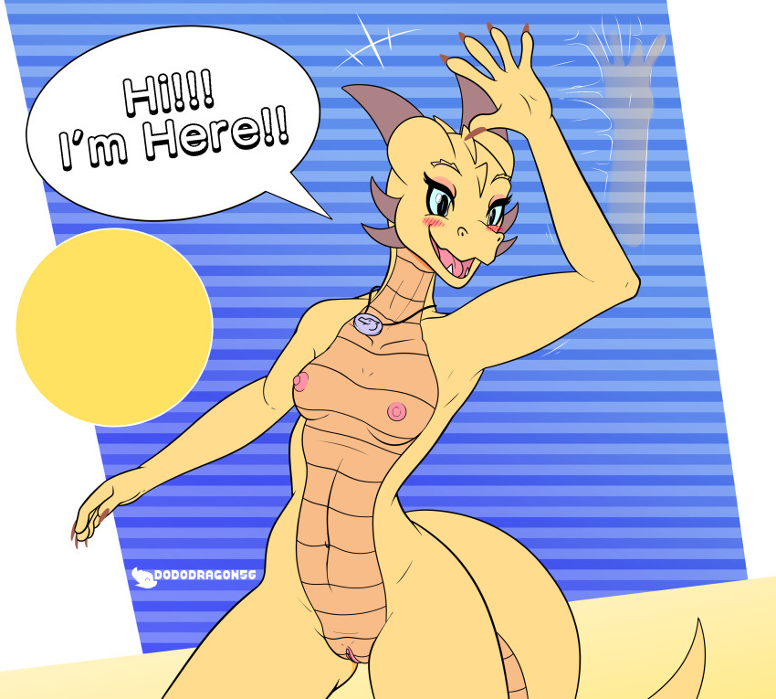 absurd_res anthro blue_eyes blush breasts dododragon56 female flat_colors genitals hi_res jewelry kobold motion_lines nails necklace nipples nude pussy reptile scales scalie simple_background smile solo text yellow_body