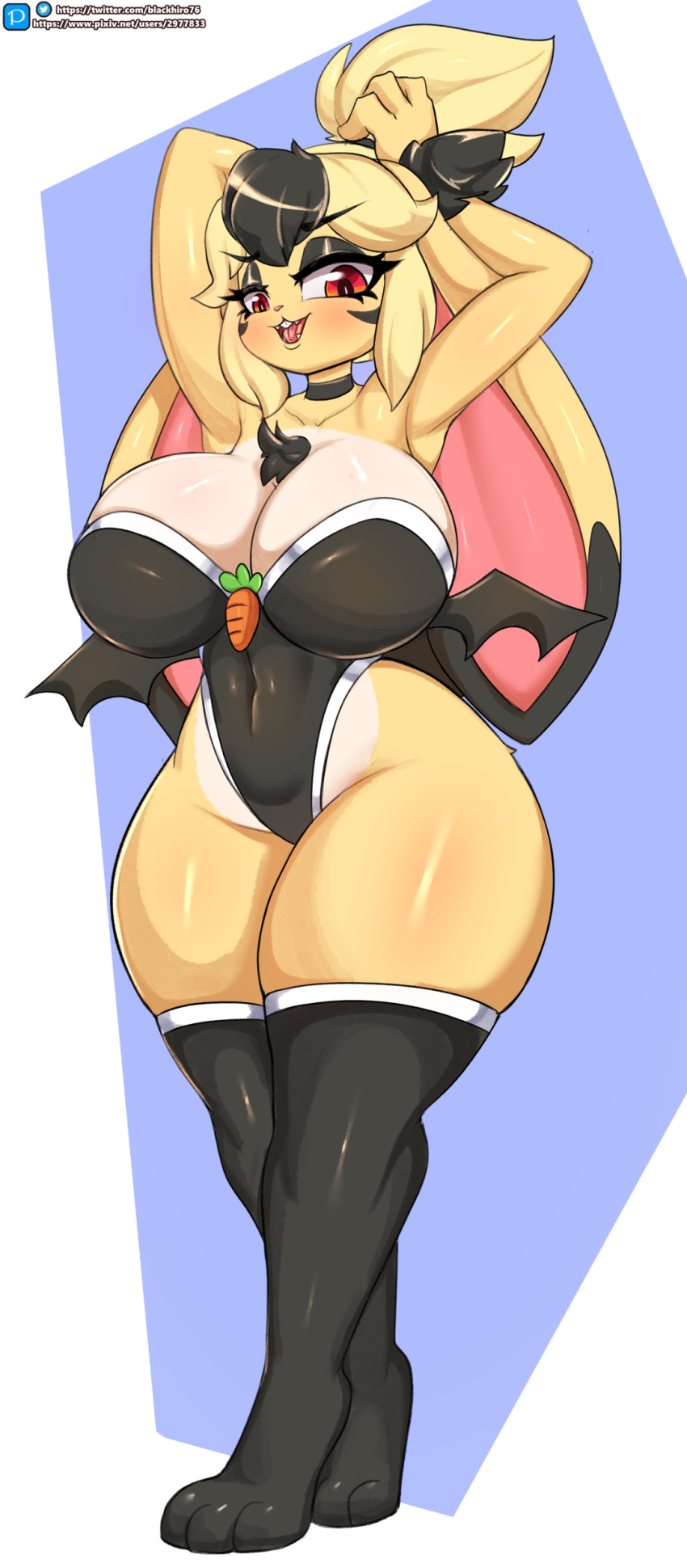 3_fingers 3_toes absurd_res anthro bat_wings big_breasts black_hair black_highlights blonde_hair breasts carrot chest_tuft choker cleavage clothed clothing digital_media_(artwork) eyebrows eyelashes eyeshadow feet female fingers food fur hair hi_res highlights_(coloring) huge_breasts jewelry kellote_(kyodashiro) kyodashiro lagomorph legwear leotard leporid long_ears looking_at_viewer makeup mammal membrane_(anatomy) membranous_wings multicolored_body multicolored_fur multicolored_hair navel necklace open_mouth plant ponytail rabbit red_eyes simple_background smile solo stockings succubus teeth thick_thighs thigh_highs toes tongue tuft two_tone_body two_tone_fur two_tone_hair vegetable white_body white_fur wide_hips wings yellow_body yellow_fur