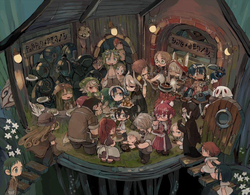 &gt;_&lt; 6+boys 6+girls 6+others :d androgynous animal_ears apron aqua_eyes arm_up arms_behind_back bangs beard beer_mug belchero_(made_in_abyss) black-framed_eyewear black_cape black_coat black_dress black_eyes black_gloves black_hair black_jacket black_pants black_shorts blonde_hair blue_capelet blue_eyes blue_hairband blunt_bangs bondrewd bowl bright_pupils brown-framed_eyewear brown_dress brown_eyes brown_fur brown_hair brown_headwear brown_mittens brown_pants brown_shorts cape capelet character_request child claws closed_eyes closed_mouth coat collared_shirt commentary_request cooking_pot counter covered_face cup curly_hair cutting_board dark-skinned_female dark-skinned_male dark_skin door dress drill_hair ebimomo everyone eye_contact facial_hair fake_horns fallen_down faputa female_child flipped_hair flower food frilled_hairband frills furry glasses gloves grass green_eyes green_gloves green_hair green_headwear grey_eyes grey_hair grey_jacket gueira_(made_in_abyss) habolg_(made_in_abyss) hair_between_eyes hair_ornament hair_slicked_back hairband half-closed_eyes hamashirama hand_up hands_on_own_cheeks hands_on_own_face hands_up hat hat_feather head_tilt helm helmet hiding hiding_behind_another high_ponytail highres holding holding_bowl holding_ladle holding_plate holding_spoon holding_utensil horned_helmet horns index_finger_raised jacket kiyui_(made_in_abyss) ladle lafy_(made_in_abyss) long_braid long_hair long_sleeves looking_at_another looking_to_the_side lying made_in_abyss made_in_abyss_runes male_child maruruk mechanical_arms medium_hair mio_(made_in_abyss) mittens mitty_(made_in_abyss)_(furry) mug multicolored_hair multiple_boys multiple_girls multiple_others nakikabane nanachi_(made_in_abyss) natt_(made_in_abyss) navel neritantan no_pupils on_stomach open_clothes open_door open_jacket open_mouth orange_eyes ozen pants pebble peeking_out pink_eyes pink_hair plate pleated_dress pouch prushka puffy_pants red-framed_eyewear red_dress red_eyes red_hair red_headwear regu_(made_in_abyss) riko_(made_in_abyss) round_window semi-rimless_eyewear shiggy_(made_in_abyss) shirt short_hair short_hair_with_long_locks short_sleeves shorts sideways_glance sign sleeves_rolled_up smile smug spill spoon stairs standing steam streaked_hair table tamaugachi teeth thick_eyebrows topless topless_male torka translation_request tsurime twintails under-rim_eyewear upper_teeth utensil_in_mouth walking wall_lamp whiskers whistle whistle_around_neck white_apron white_capelet white_dress white_flower white_hair white_pupils white_shirt window wooden_door wooden_wall yadone