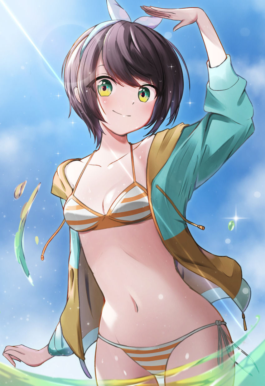 1girl absurdres bangs bikini black_hair blue_eyes blue_hairband blue_sky breasts cloud hairband highres hololive jacket multicolored_clothes multicolored_jacket oozora_subaru partially_underwater_shot polka_dot_hairband short_hair side-tie_bikini sky small_breasts soaking_feet solo swept_bangs swimsuit tokisaka_makoto two-tone_jacket virtual_youtuber water yellow_bikini