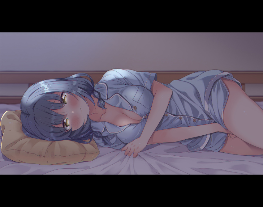 1girl bed blue_hair blush breasts cleavage closed_mouth collarbone furutani_himawari highres large_breasts looking_at_viewer lying no_bra on_bed on_side pajamas shiny shiny_hair shiny_skin short_hair short_sleeves shorts solo takahero yellow_eyes yuru_yuri