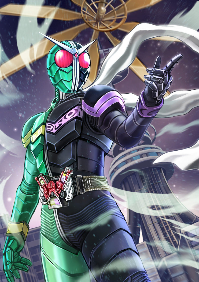 building city double_driver highres kakato kamen_rider kamen_rider_double kamen_rider_w male_focus pointing rider_belt scarf tokusatsu tower wind wind_turbine