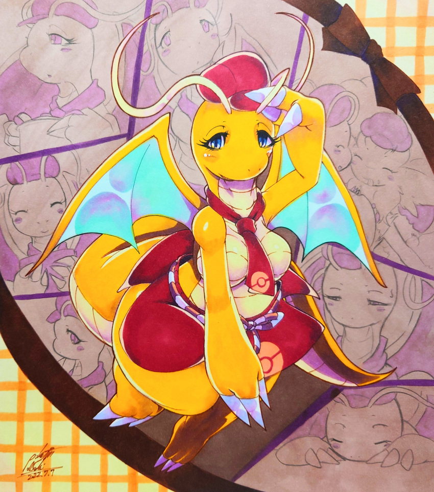 025aki absurd_res anthro blush breasts claws clothing dragon dragonite female hat headgear headwear hi_res looking_at_viewer mammal nintendo pok&eacute;mon pok&eacute;mon_(species) pok&eacute;mon_caf&eacute;_mix solo video_games wings