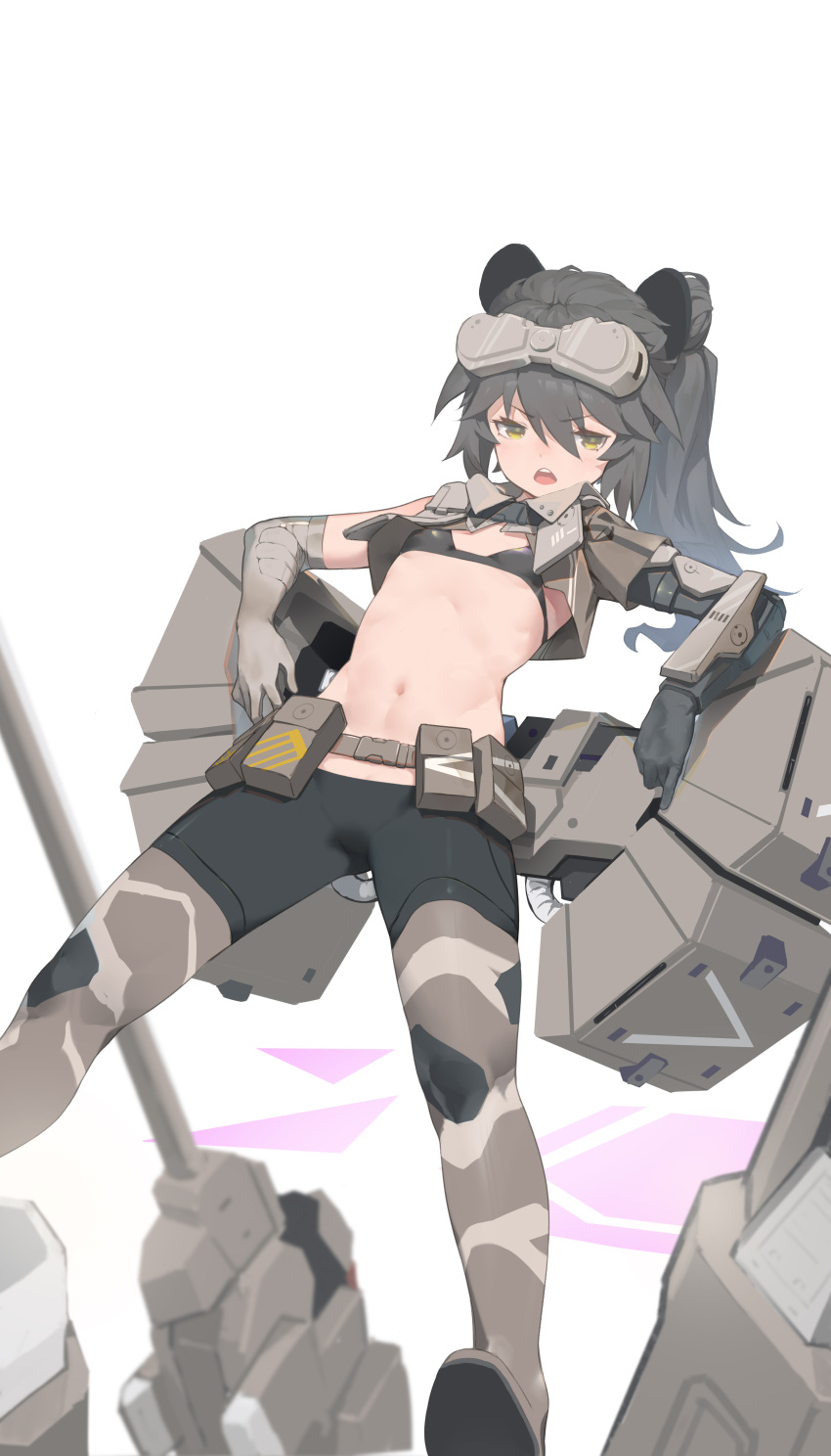 1girl :&lt; :o absurdres alice_gear_aegis animal_ears arm_support atk7 belt belt_pouch bikini bikini_top_only black_bikini bracer camouflage camouflage_pants chestnut_mouth cropped_jacket elbow_gloves eyebrows_behind_hair fake_animal_ears gloves grey_hair headgear highres leggings long_hair looking_at_viewer lying mecha_musume midriff military navel on_back open_mouth pants ponytail pouch shinonome_chie short_sleeves solo spread_legs swimsuit tight tight_pants white_background yellow_eyes