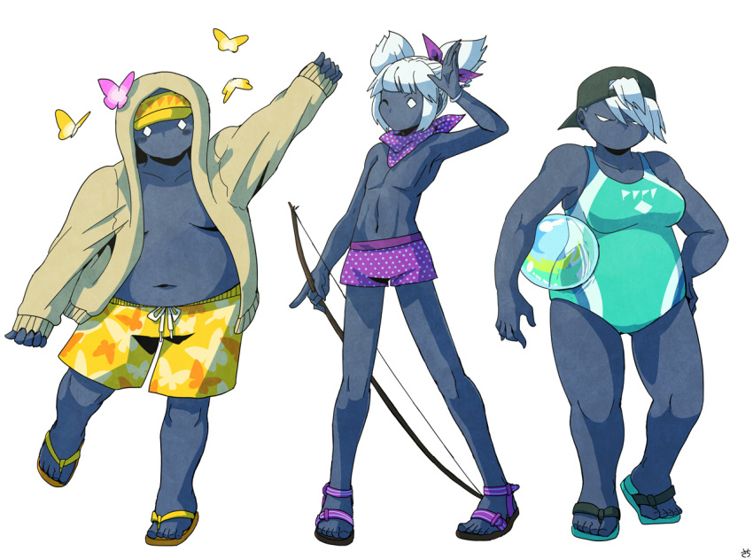1girl 2boys aizawa_sachi animal_print aqua_swimsuit arm_up backwards_hat ball bandana beachball blank_eyes bow bow_(weapon) breasts bug butterfly butterfly_print fat fat_man flip-flops hair_bow hat hood hoodie lineup male_swimwear manboobs medium_breasts multiple_boys one-piece_swimsuit open_clothes open_hoodie original pectoral_cleavage pectorals plump print_male_swimwear purple_swimsuit salute sandals short_hair short_twintails swimsuit toned toned_male tsurime twintails visor_cap weapon white_background white_hair