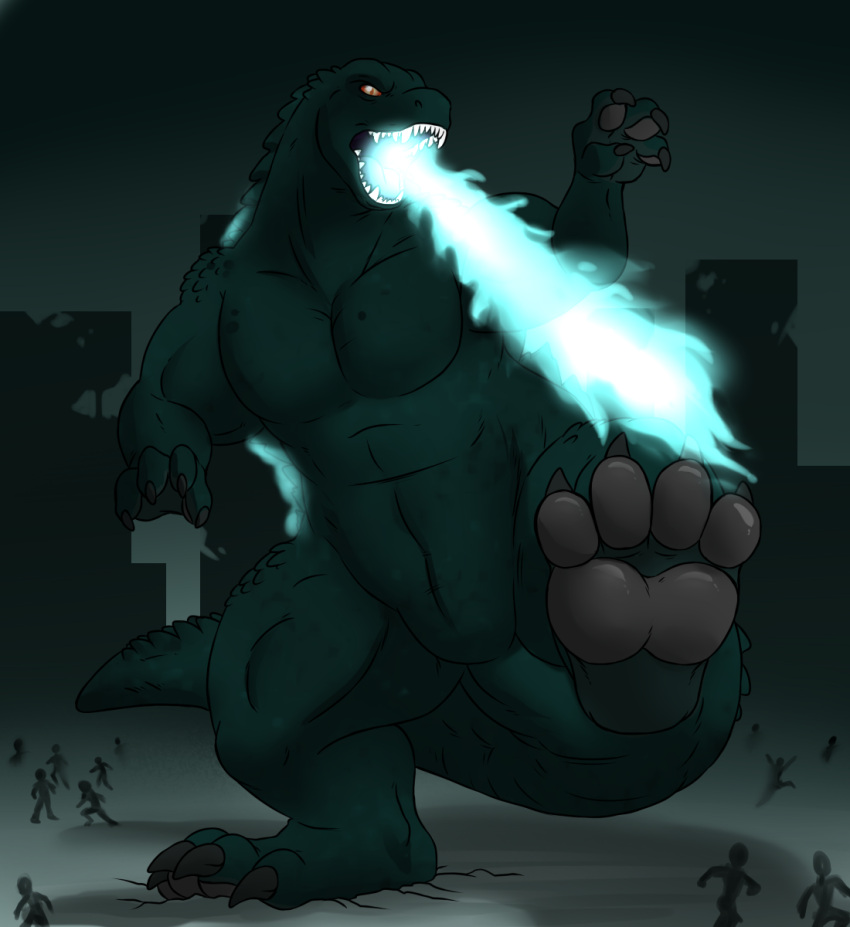 after_transformation aggrobadger anthro black_body breath_powers destruction elemental_manipulation fire fire_breathing fire_manipulation godzilla godzilla_(series) hi_res macro male muscular muscular_male pawpads pecs solo stomping toho transformation transformation_sequence