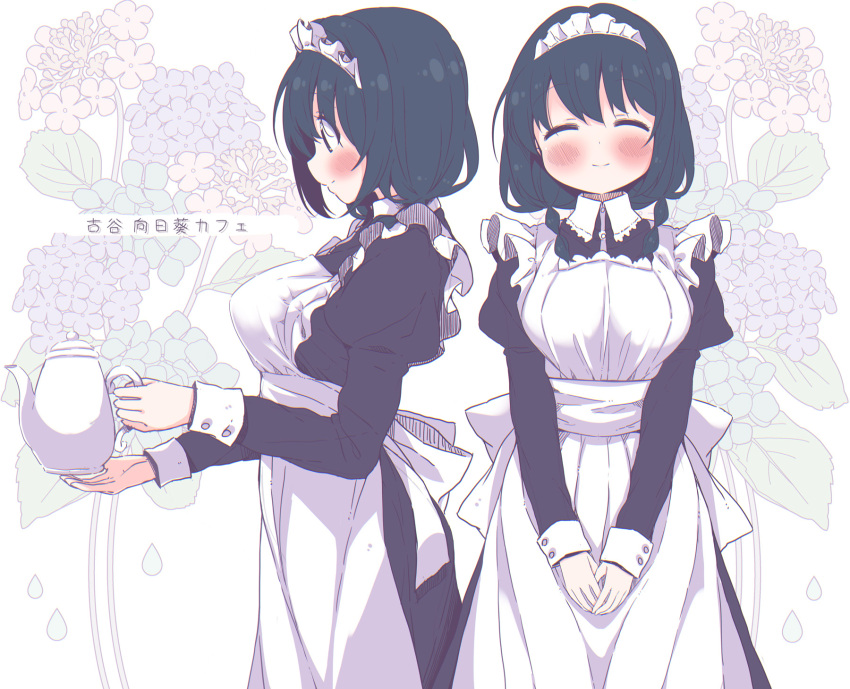 1girl alternate_costume apron blue_eyes blue_hair blush breasts closed_mouth enmaided floral_background from_side furutani_himawari highres large_breasts maid maid_apron maid_headdress multiple_views shiny shiny_hair simple_background smile takahero teapot white_background yuru_yuri