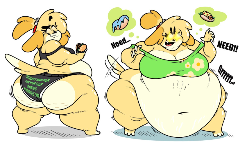 2022 animal_crossing anthro belly belly_overhang big_belly big_breasts big_butt bottomwear bra breasts burger butt canid canine canis cellulite clothing dessert digital_media_(artwork) domestic_dog doughnut english_text female food hi_res hyper hyper_belly isabelle_(animal_crossing) looking_back mammal morbidly_obese morbidly_obese_anthro morbidly_obese_female navel nintendo obese obese_anthro obese_female onomatopoeia overweight overweight_anthro overweight_female redphlannel shih_tzu solo sound_effects sports_bra text thick_thighs toy_dog underwear video_games weight_gain wide_hips