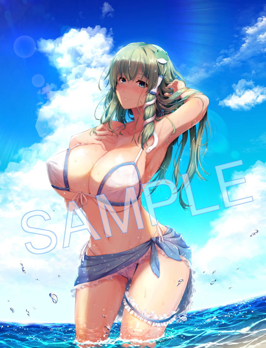 1girl alternate_costume arm_up armpits bikini blue_sarong blush breasts cleavage covered_nipples frog_hair_ornament green_eyes green_hair hair_ornament hair_tubes highres huge_breasts kochiya_sanae legband long_hair navel ocean ouma_tokiichi sample_watermark sarong shaded_face single_sidelock snake_hair_ornament solo swimsuit touhou water wet white_bikini