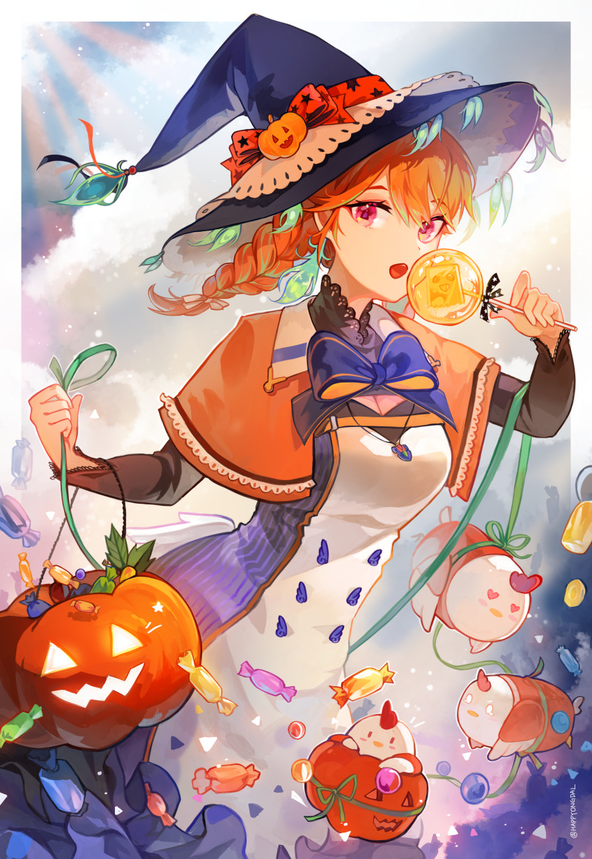 1girl absurdres bird blue_bow bow braid braided_ponytail breasts candy capelet chicken cloud corset dress earrings feather_earrings feathers food friend_(nanashi_mumei) gradient_hair green_hair green_ribbon halloween halloween_bucket happyongdal hat hat_ribbon heart heart-shaped_pupils highres hololive hololive_english jack-o'-lantern jewelry kfp_employee_(takanashi_kiara) lollipop long_hair long_sleeves looking_at_viewer medium_breasts multicolored_hair necklace open_mouth orange_hair purple_eyes red_bow ribbon symbol-shaped_pupils takanashi_kiara tearing_up virtual_youtuber witch_hat