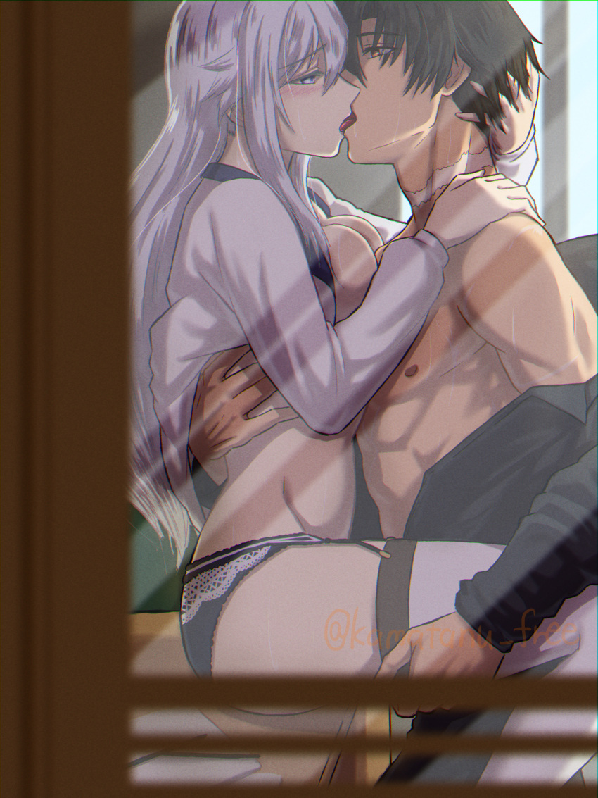 1boy 1girl 86_-eightysix- absurdres black_panties black_shirt blue_eyes breast_press breasts brown_eyes brown_hair cleavage clothes_lift couple eye_contact french_kiss from_side garter_belt hand_on_another's_hip hetero highres kamatanu_free kiss long_hair long_sleeves looking_at_another medium_breasts nipples open_clothes open_shirt panties scar shinei_nouzen shirt shirt_lift short_hair sideboob straight_hair thighhighs tongue tongue_out underwear very_long_hair vladilena_millize white_hair white_legwear white_shirt
