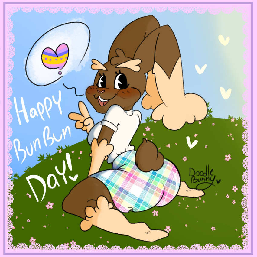 &lt;3 anthro bent_legs big_butt big_ears black_eyes blush bottomwear brown_body brown_fur butt clothing cloud day doodlebunnyart ear_tuft easter easter_egg egg eyebrows eyelashes feet female flower frilly fur gesture grass hi_res hill hillside holidays humanoid kneeling lagomorph leporid light looking_at_viewer looking_back lopunny mammal nintendo open_mouth outside pattern_clothing pattern_shirt pattern_topwear pink_background pink_flower plaid plaid_clothing plaid_shirt plaid_topwear plant pok&eacute;mon pok&eacute;mon_(species) purple_background rabbit rainbow raised_eyebrows shirt simple_background skirt smile speech_bubble sun sunlight tail_tuft teeth text thick_thighs tongue topwear tuft v_sign video_games white_clothing white_shirt white_topwear yellow_body yellow_fur