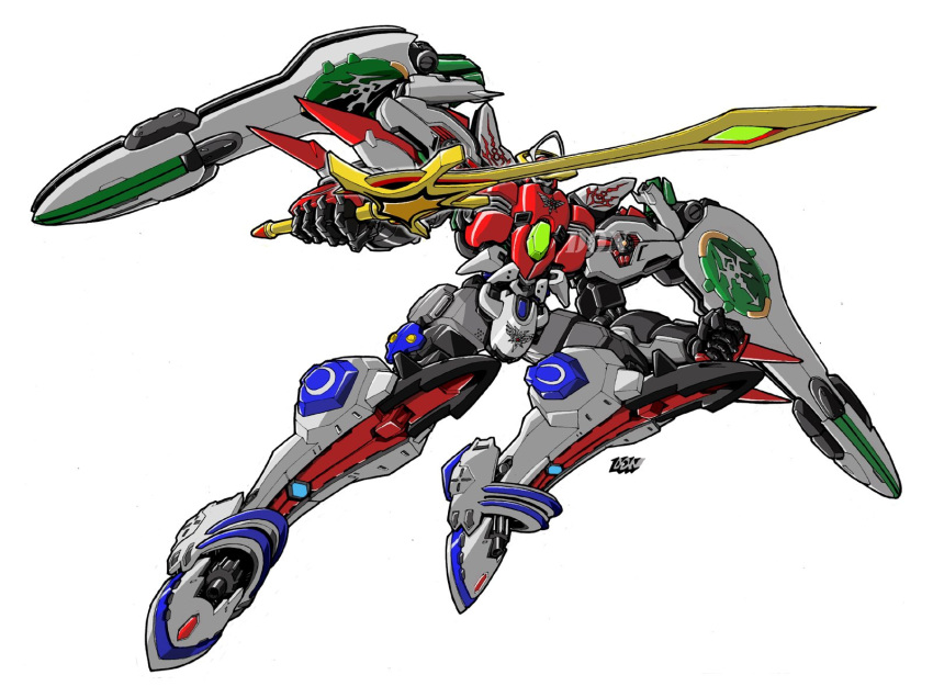 aquarion_(series) clenched_hand don_allan_figueroa english_commentary head_tilt highres holding holding_sword holding_weapon looking_at_viewer mecha no_humans robot science_fiction solar_aquarion solo sousei_no_aquarion super_robot sword watermark weapon white_background