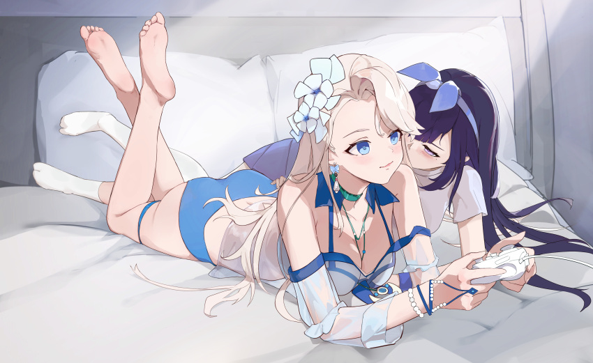 2girls a-soul absurdres animal_ears ass barefoot bed_sheet bella_(a-soul) black_hair blue_eyes blue_hairband blue_panties breasts cleavage collar collarbone controller earrings eileen_(a-soul) fake_animal_ears game_controller gong_cha green_collar grey_skirt hairband highres jewelry long_hair lying medium_breasts miniskirt mole mole_under_eye multiple_girls on_stomach panties pink_eyes pleated_skirt rabbit_ears shiny shiny_hair shirt short_sleeves skirt socks soles t-shirt thigh_strap underwear very_long_hair white_hair white_legwear white_shirt yuri