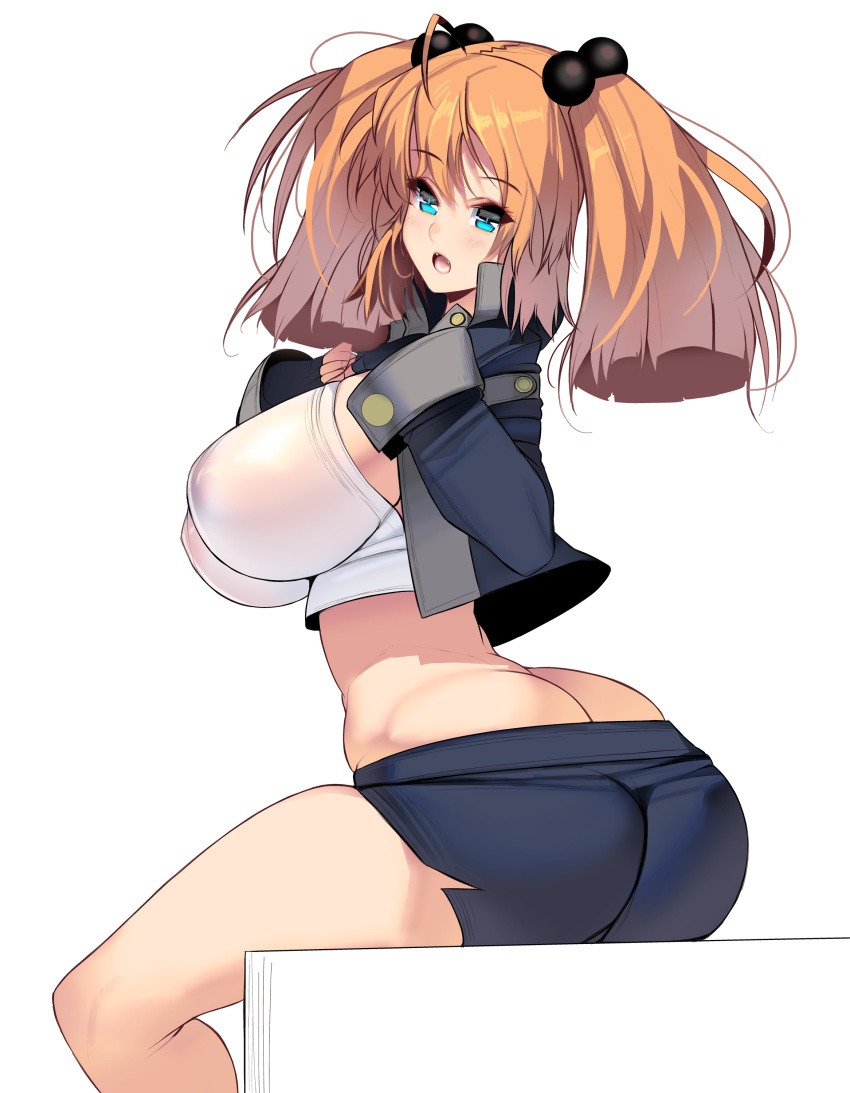 1girl absurdres ass bangs blue_eyes breasts cropped_jacket fingerless_gloves gloves highres huge_breasts jacket looking_at_viewer masao medium_breasts midriff open_clothes open_jacket original shorts sitting solo twintails white_background