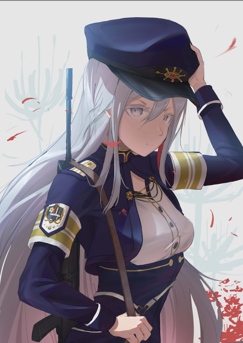1girl 86_-eightysix- absurdres arm_up armband blue_headwear closed_mouth colored_eyelashes dress_shirt floating_hair flower grey_eyes gun hat highres long_hair long_sleeves military_hat morning_(k0492255676) petals red_flower rifle shirt shrug_(clothing) solo standing underbust upper_body very_long_hair vladilena_millize weapon white_background white_hair white_shirt