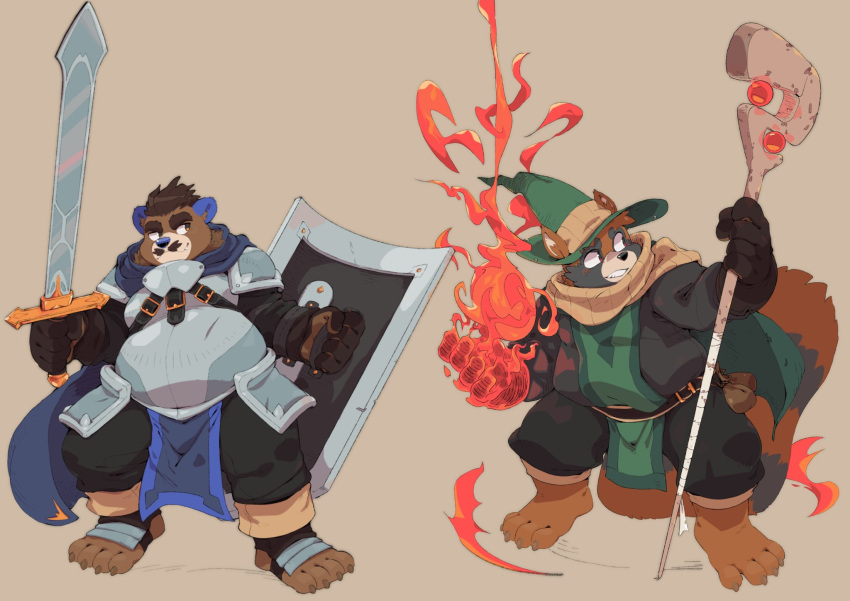 2020 anthro apricotsammi armor blue_nose brown_body canid canine clothing duo hat headgear headwear hi_res humanoid_hands magic magic_user male mammal melee_weapon overweight overweight_male raccoon_dog shield staff sword tanuki ursid weapon wizard_hat