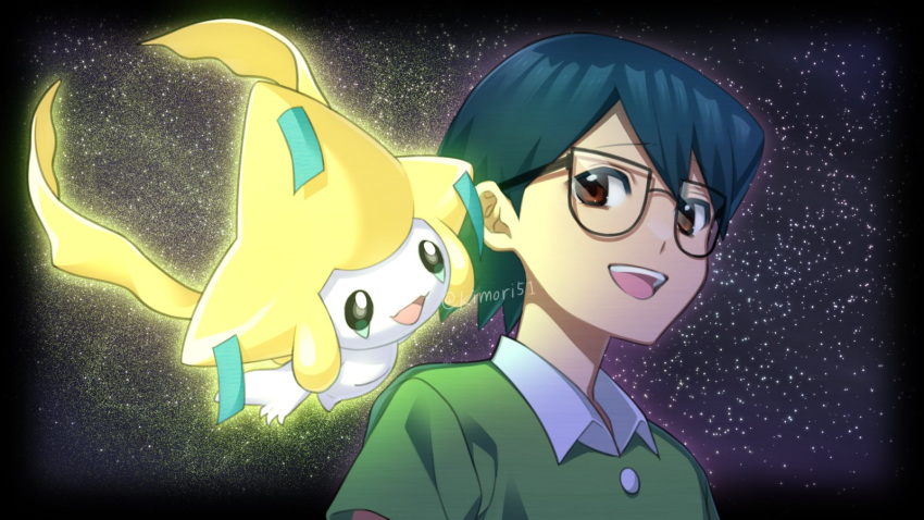 1boy :d bangs black-framed_eyewear black_border border brown_eyes commentary_request glasses green_shirt highres jirachi male_focus max_(pokemon) nagiru night open_mouth outdoors pokemon pokemon:_jirachi:_wish_maker pokemon_(anime) pokemon_(creature) pokemon_rse_(anime) shirt short_hair short_sleeves smile star_(sky) teeth tongue upper_body upper_teeth