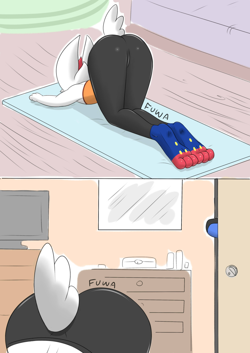 3_toes absurd_res anthro bedroom big_butt blue_body blue_fur bottomwear butt canid canine cinderace clothing duo exercise exercise_clothing feet female fur hi_res lagomorph lucario male mammal mirror mr_fuwa nintendo pants paws pok&eacute;mon pok&eacute;mon_(species) raised_tail toes video_games white_body white_fur yoga yoga_pants