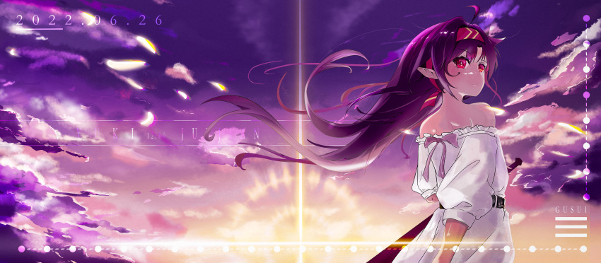 1girl 2022 absurdres ahoge arms_behind_back artist_request bangs bare_shoulders dated dress floating_hair from_behind hair_between_eyes headband highres long_hair off-shoulder_dress off_shoulder pointy_ears purple_hair purple_ribbon red_eyes red_headband ribbon shiny shiny_hair shoulder_blades smile solo standing sunset sword_art_online very_long_hair white_dress yuuki_(sao)