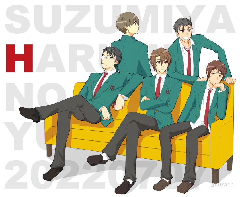 5boys artist_name bangs black_eyes black_footwear black_hair black_pants blazer brown_eyes brown_footwear brown_hair c0zat0 cigarette closed_mouth commentary_request copyright_name couch crossed_arms crossed_legs dated glasses green_jacket jacket kita_high_school_uniform koizumi_itsuki kunikida kyon loafers long_sleeves male_focus mouth_hold multiple_boys necktie open_clothes open_jacket pants red_necktie school_uniform shirt shoes short_hair sitting smile smoking student_council_president_(suzumiya_haruhi) suzumiya_haruhi_no_yuuutsu taniguchi teeth watermark white_shirt