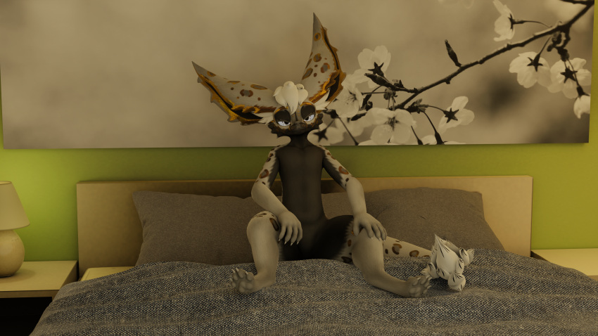 absurd_res anthro ashtonsparx_(artist) avy_(character) bed bedding bedroom bedroom_eyes big_ears blanket blender_(software) canid canine feet flat_chested furniture hi_res hobkin_redux lamp looking_at_viewer male mammal narrowed_eyes nude pawpads paws pillow seductive sitting smug solo toes