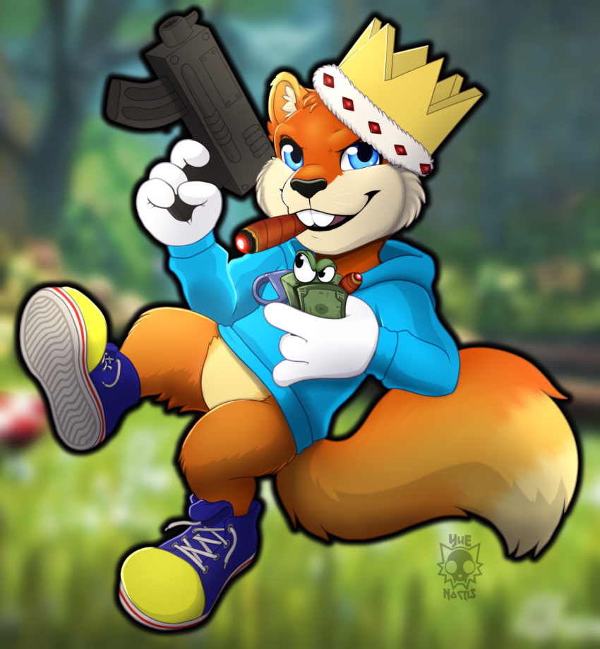 4_fingers anthro big_tail blue_eyes blurred_background bottomless cigar cigar_in_mouth cigarette cigarette_in_mouth clothed clothing conker conker's_bad_fur_day crown fingers footwear fur gloves gun handwear headgear headwear hi_res holding_gun holding_money holding_object holding_weapon looking_at_viewer male mammal money multicolored_body multicolored_fur narrowed_eyes open_mouth open_smile orange_body orange_fur ranged_weapon rareware rodent sciurid shaded smile solo tan_body tan_fur teeth tree_squirrel video_games weapon yuenoctis