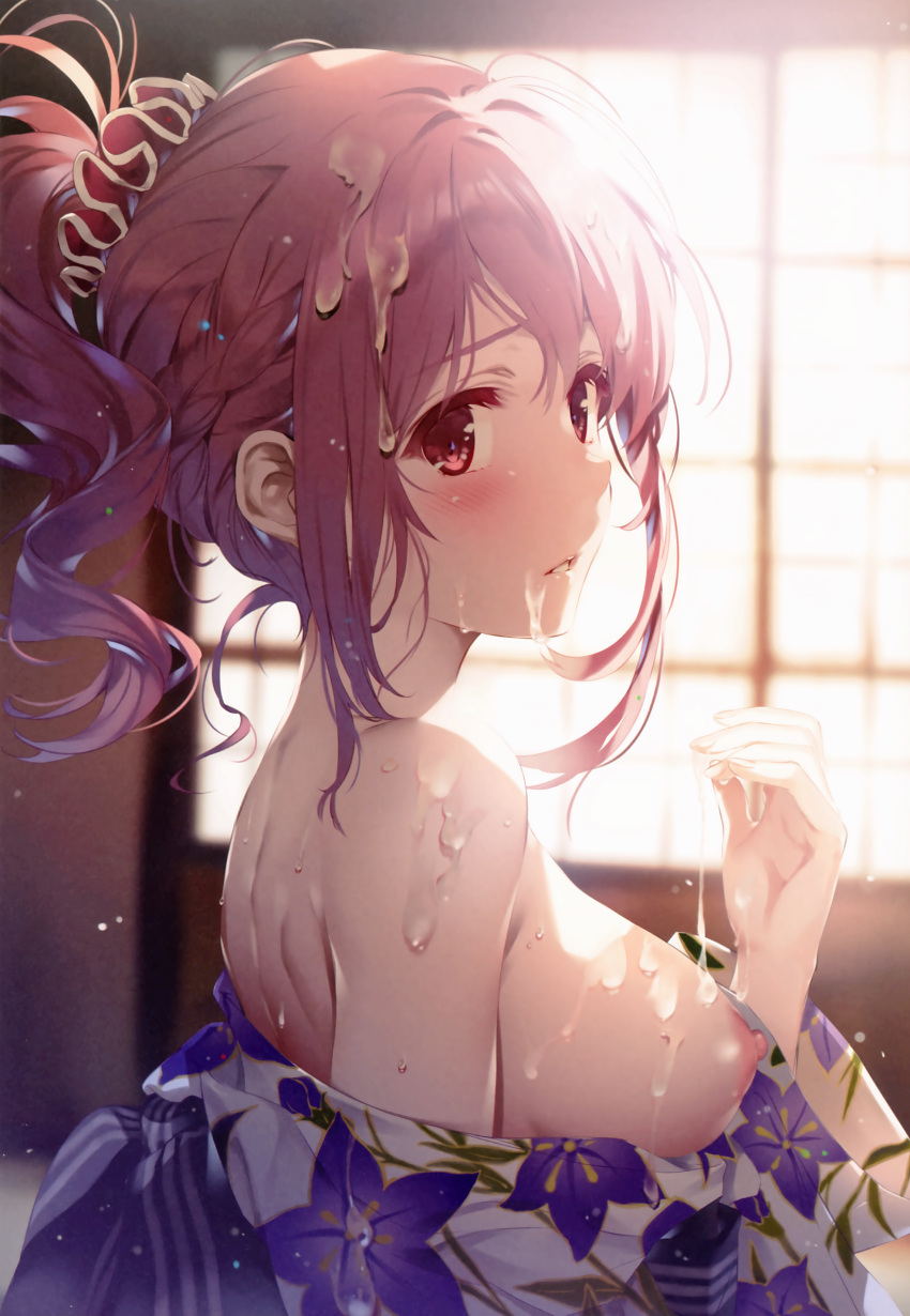 1girl absurdres after_fellatio backlighting bare_shoulders blush braid breasts brown_hair clothes_down comic_aun cum cum_on_body cum_on_breasts cum_on_hair cumdrip facial floral_print from_side highres japanese_clothes kimono long_hair looking_at_viewer medium_breasts misaki_kurehito nipples parted_lips ponytail print_kimono red_eyes sakura_hina shiny shiny_hair shoulder_blades sidelocks solo upper_body white_kimono