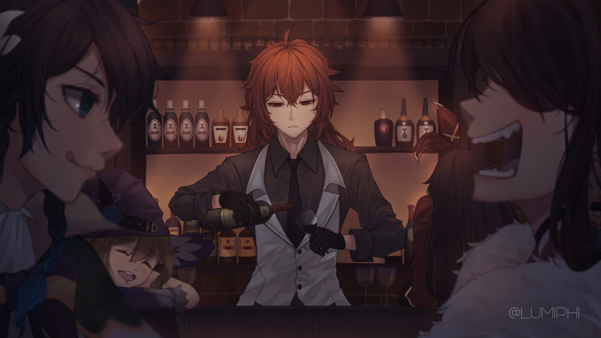 2boys 3girls :q absurdres ahoge alcohol amber_(genshin_impact) aqua_eyes arms_on_table bangs bar bartender beidou_(genshin_impact) black_gloves black_hair black_necktie black_shirt blue_hair blurry blurry_foreground blush bottle braid brick_wall brown_hair buttons closed_eyes collared_shirt colored_tips commentary counter crossed_bangs cup diluc_(genshin_impact) drinking_glass drooling drunk english_commentary flower from_behind from_side fur_trim genshin_impact gloves hair_between_eyes hair_ribbon hat hat_flower highres holding holding_bottle holding_cup indoors jacket laughing licking_lips lisa_(genshin_impact) long_hair looking_at_another looking_down lumiphi multicolored_hair multiple_boys multiple_girls necktie open_mouth purple_gloves purple_headwear red_eyes red_hair red_jacket red_ribbon ribbon shelf shirt side_braid single_braid sleeves_past_elbows teeth tongue tongue_out twitter_username two-tone_gloves two-tone_hair upper_body upper_teeth venti_(genshin_impact) vest wall whiskey white_gloves white_vest wine_bottle wine_glass wing_collar witch_hat