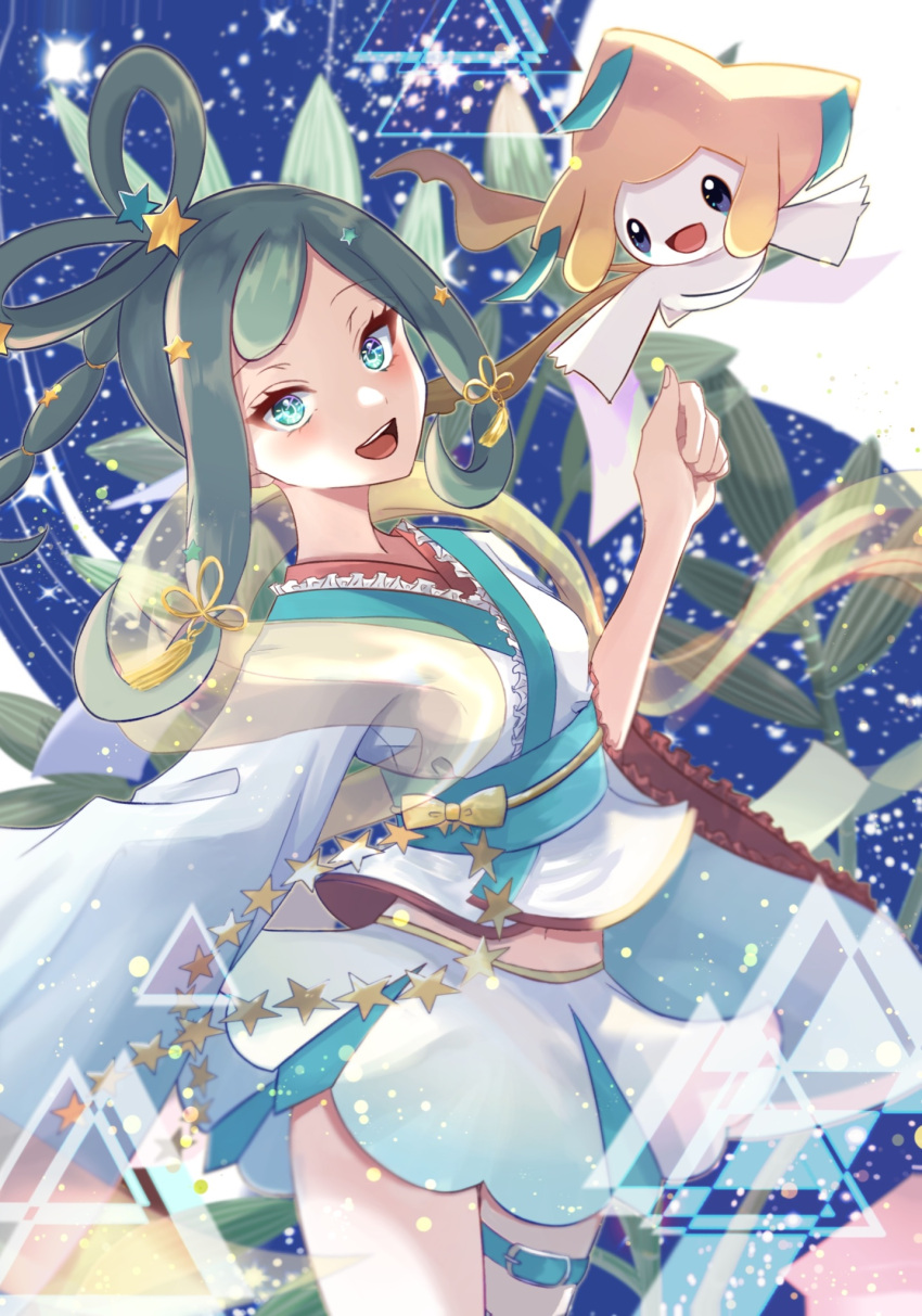 1girl :d alternate_costume bangs blush bow commentary_request eyelashes frills green_eyes green_hair hair_ornament hand_up highres japanese_clothes jirachi kimono lisia_(pokemon) looking_at_viewer miniskirt open_mouth outstretched_arm pokemon pokemon_(creature) pokemon_(game) pokemon_oras sidelocks skirt smile ssn_(sasa8u9r) teeth thigh_strap tongue upper_teeth white_kimono white_skirt wide_sleeves yellow_bow