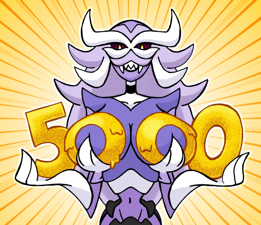 5000 anthro arthropod big_breasts breasts carapace celebration crustacean curvy_figure darksilvania fak&eacute;mon fangs fangs_bared female gold_markings hi_res holding_object isopod_humanoid isopoda malacostracan marine markings midriff navel nintendo number number_on_body painted_body_writing parascylla pok&eacute;mon pok&eacute;mon_(species) pupils red_eyes simple_background slit_pupils smile solo video_games