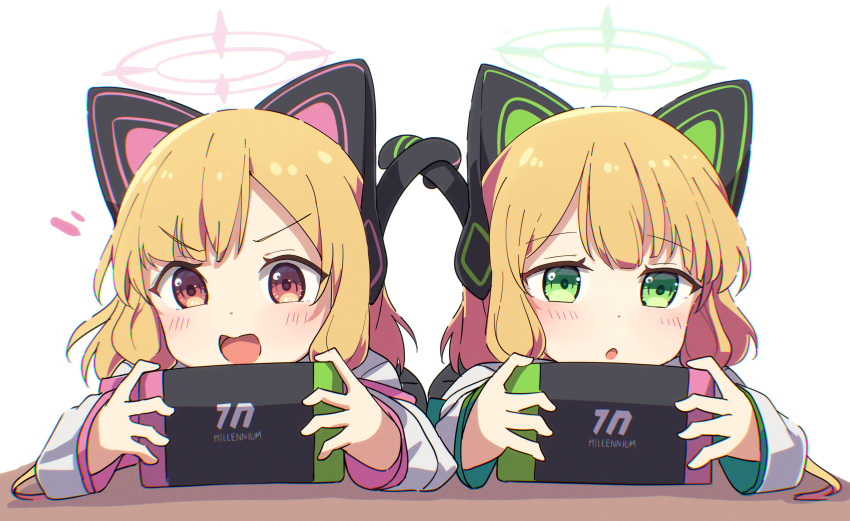 2girls :o absurdres animal_ear_headphones animal_ears bangs black_skirt blonde_hair blue_archive blush commentary_request fake_animal_ears halo highres holding intertwined_tails jacket long_sleeves lying midori_(blue_archive) momoi_(blue_archive) multiple_girls nintendo_switch notice_lines okota_mikan on_stomach open_mouth parted_lips pleated_skirt siblings sidelocks simple_background sisters skirt twins v-shaped_eyebrows white_background white_jacket
