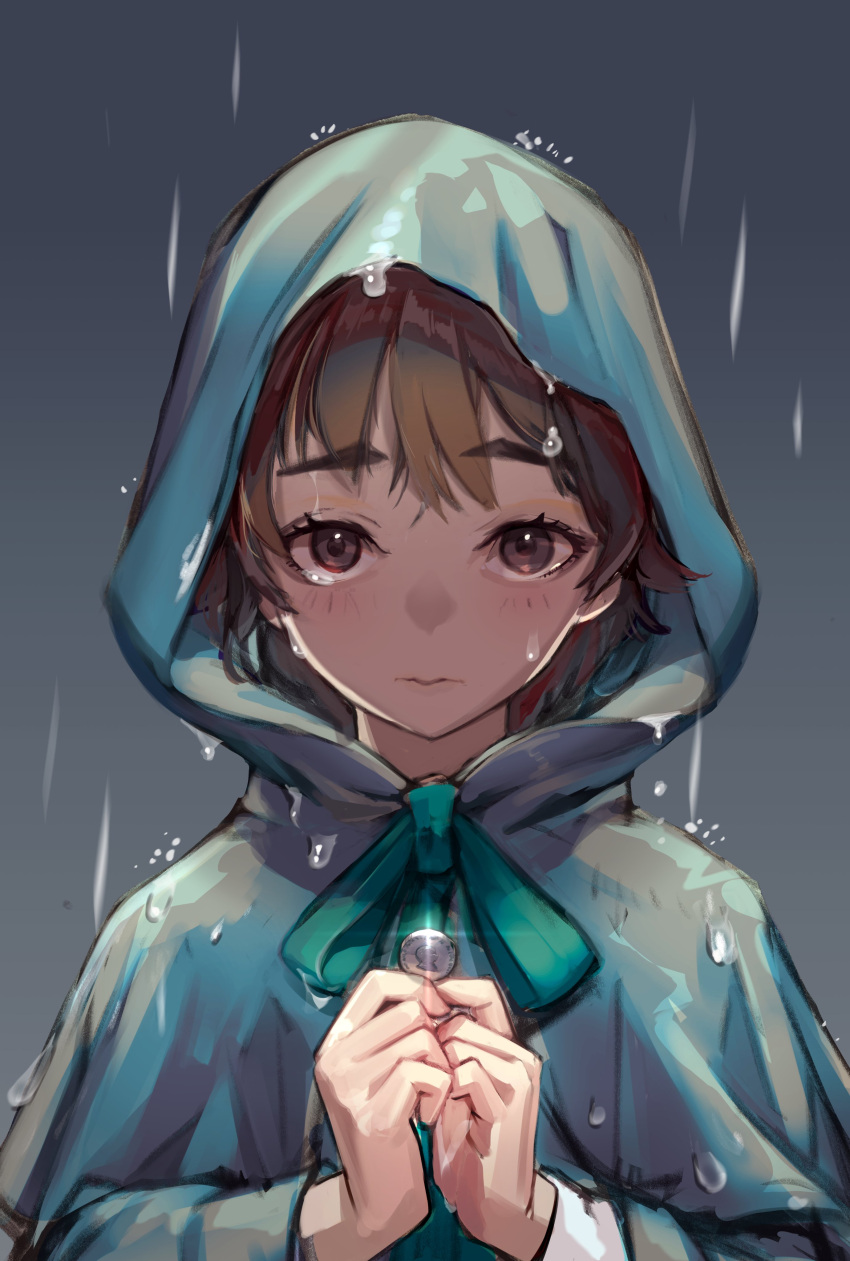 1girl absurdres aqua_bow bow brown_eyes brown_hair closed_mouth coin highres holding holding_coin long_sleeves looking_at_viewer original outdoors poncho rain seuhyo99 solo thick_eyebrows