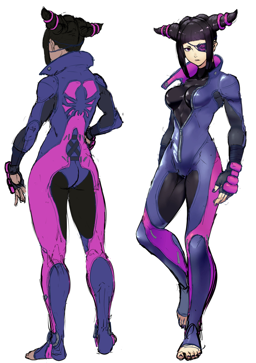 1girl absurdres animal_print biker_clothes bikesuit black_gloves black_hair bodysuit eyepatch fingerless_gloves from_behind full_body gloves hair_horns han_juri hand_on_hip highres long_sleeves looking_at_viewer mma_gloves no_shoes popped_collar purple_eyes short_hair sketch skin_tight solo spider_print street_fighter street_fighter_v urewe_fubu