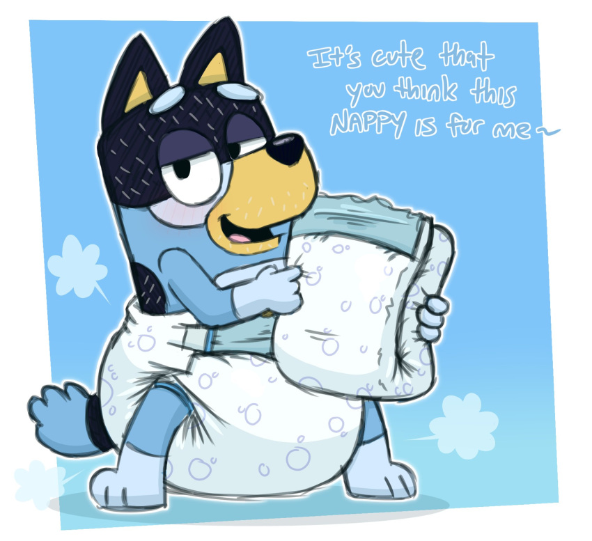 anthro bandit_heeler blue_body blue_fur bluey_(series) canid canine canis clean_diaper dialogue diaper diaper_fetish digital_media_(artwork) domestic_dog english_text folded_diaper fur hi_res looking_at_viewer male mammal open_mouth simple_background smile solo tenerius text