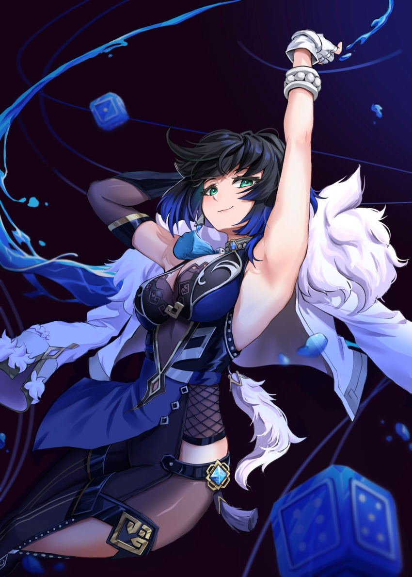 1girl absurdres armpit_focus armpits arms_up black_hair blue_eyes bodystocking breasts cleavage closed_mouth clothing_cutout coat commentary dated_commentary dice elbow_gloves fur-trimmed_coat fur_trim genshin_impact gloves highres leg_cutout looking_at_viewer medium_breasts mole mole_on_breast nyamnyam pelvic_curtain short_hair smile solo thighs vision_(genshin_impact) water white_coat white_gloves yelan_(genshin_impact)