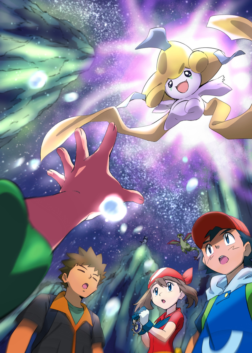 1girl 3boys :o absurdres ash_ketchum bandana bangs black_hair brock_(pokemon) brown_hair closed_eyes commentary_request gloves green_shirt hat highres jacket jirachi max_(pokemon) may_(pokemon) multiple_boys night open_mouth outdoors outstretched_arm pokemon pokemon:_jirachi:_wish_maker pokemon_(anime) pokemon_(creature) pokemon_rse_(anime) red_bandana red_headwear red_shirt shirt short_hair sky spiked_hair star_(sky) strap teeth tongue upper_teeth yusuke_oshida