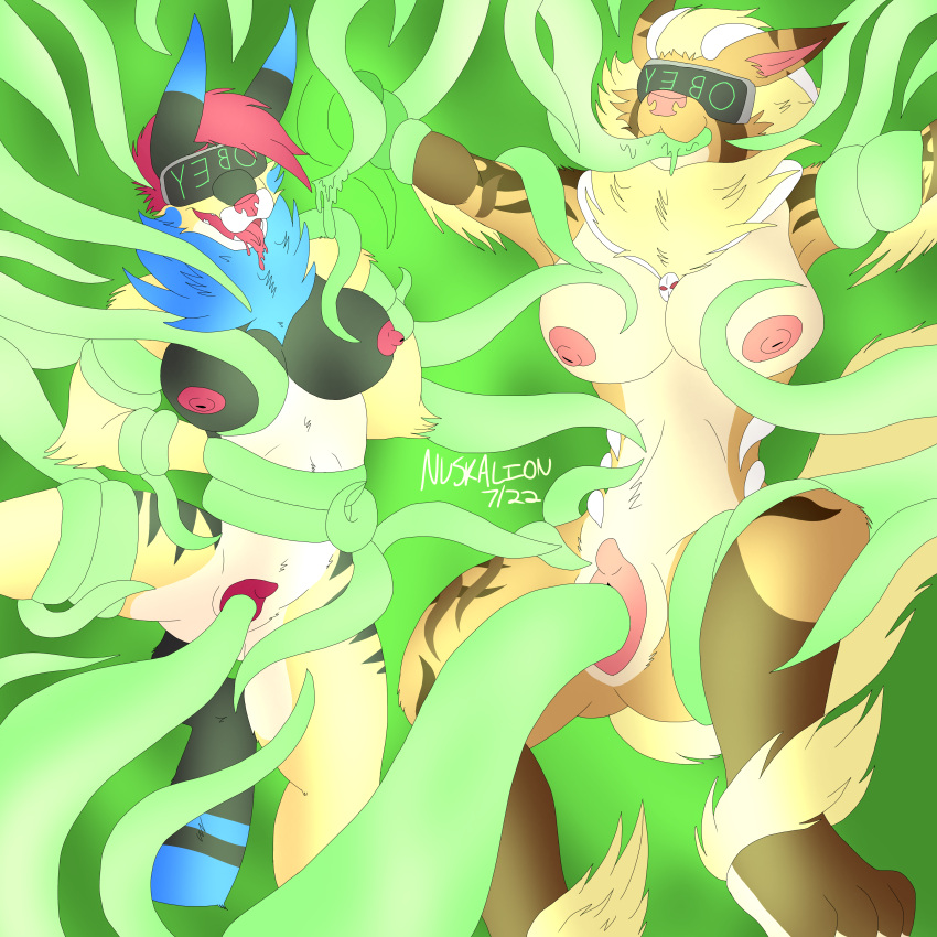 absurd_res akila_(nuskalion) ankle_tuft anthro arcanine blonde_mane blue_mane bodily_fluids breasts brown_body brown_fur canid canine drooling duo eevee elbow_tuft female fur fusion green_background green_tentacles hair hi_res horn houndoom hypnosis hypnotic_visor leg_tuft mammal mane mind_control nintendo nipples nuskalion oral oral_penetration penetration pikachu pink_hair piper_(nuskalion) pok&eacute;mon pok&eacute;mon_(species) pok&eacute;mon_fusion saliva simple_background tentacle_around_arm tentacle_around_leg tentacle_around_thigh tentacle_around_waist tentacle_bondage tentacle_in_mouth tentacle_in_pussy tentacle_on_breast tentacle_on_leg tentacle_penetration tentacles tentacles_on_female thick_thighs tuft vaginal vaginal_penetration video_games white_horn yellow_body yellow_fur