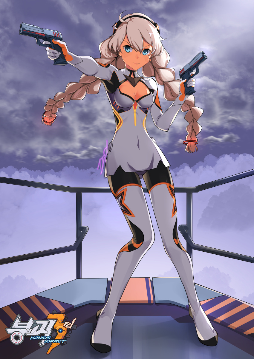 1girl absurdres ahoge bangs blue_eyes bodysuit braid breasts cleavage closed_mouth cloud cloudy_sky dual_wielding full_body grey_sky gun h&amp;k_usp handgun highres holding holding_gun holding_weapon honkai_(series) honkai_impact_3rd kiana_kaslana kiana_kaslana_(white_comet) looking_at_viewer ohihil outdoors sky smile solo standing twin_braids v-shaped_eyebrows weapon white_bodysuit white_hair