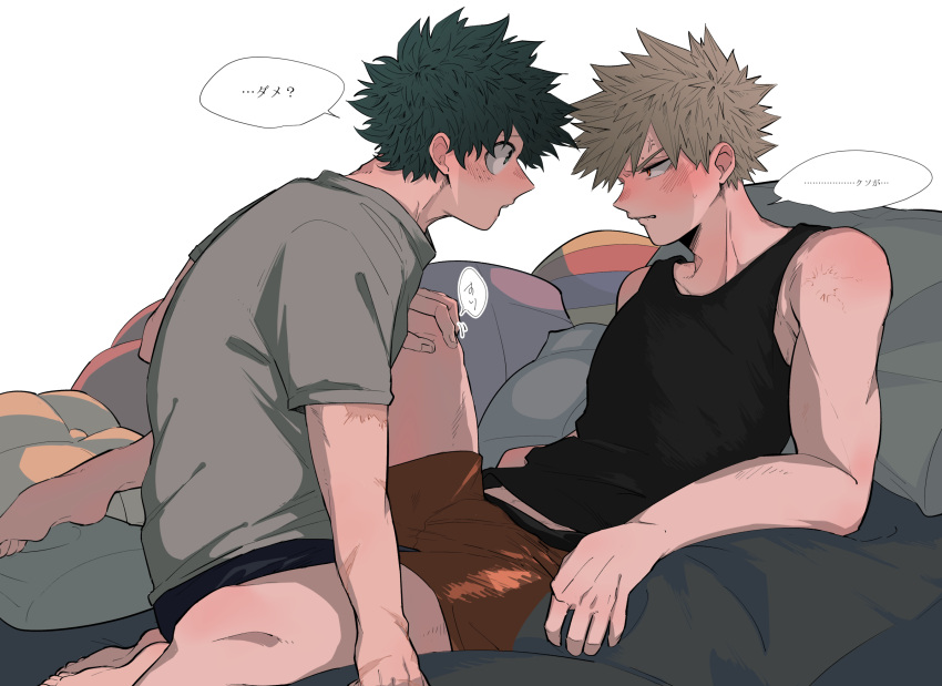 2boys bakugou_katsuki barefoot black_male_underwear black_tank_top blonde_hair boku_no_hero_academia couch freckles green_hair grey_shirt hand_on_another's_knee highres looking_at_another lying male_focus male_underwear midoriya_izuku multiple_boys omura_(o_mr) on_back on_couch red_eyes red_male_underwear shirt speech_bubble spiked_hair tank_top translation_request underwear yaoi