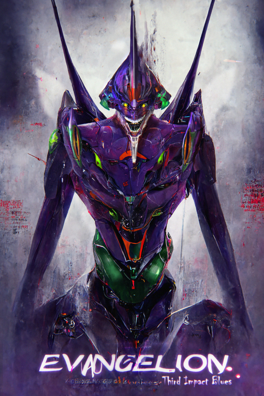 absurdres blood crazy_eyes damaged english_commentary eva_01 fake_ad glowing glowing_eyes highres ivanuss machinery mecha monster movie_poster neon_genesis_evangelion nerv original realistic redesign robot saliva science_fiction teeth yellow_eyes