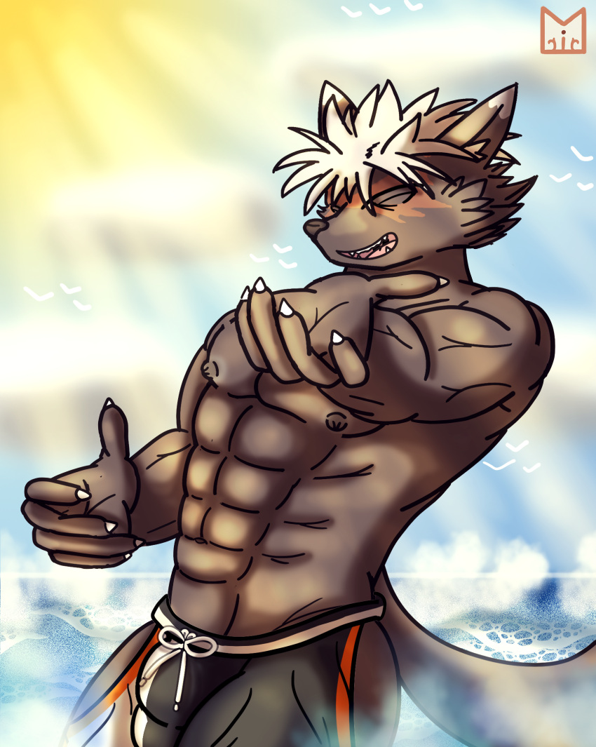 abs anthro beach blush canid canine canis claws clothing digital_drawing_(artwork) digital_media_(artwork) dog_tags domestic_dog furryart hi_res humanoid lifewonders looking_at_viewer male mammal muscular muscular_anthro muscular_male nipples pecs red_panda_mirr seaside smile solo swimwear tadatomo tokyo_afterschool_summoners tokyoafterschoolsummoners video_games