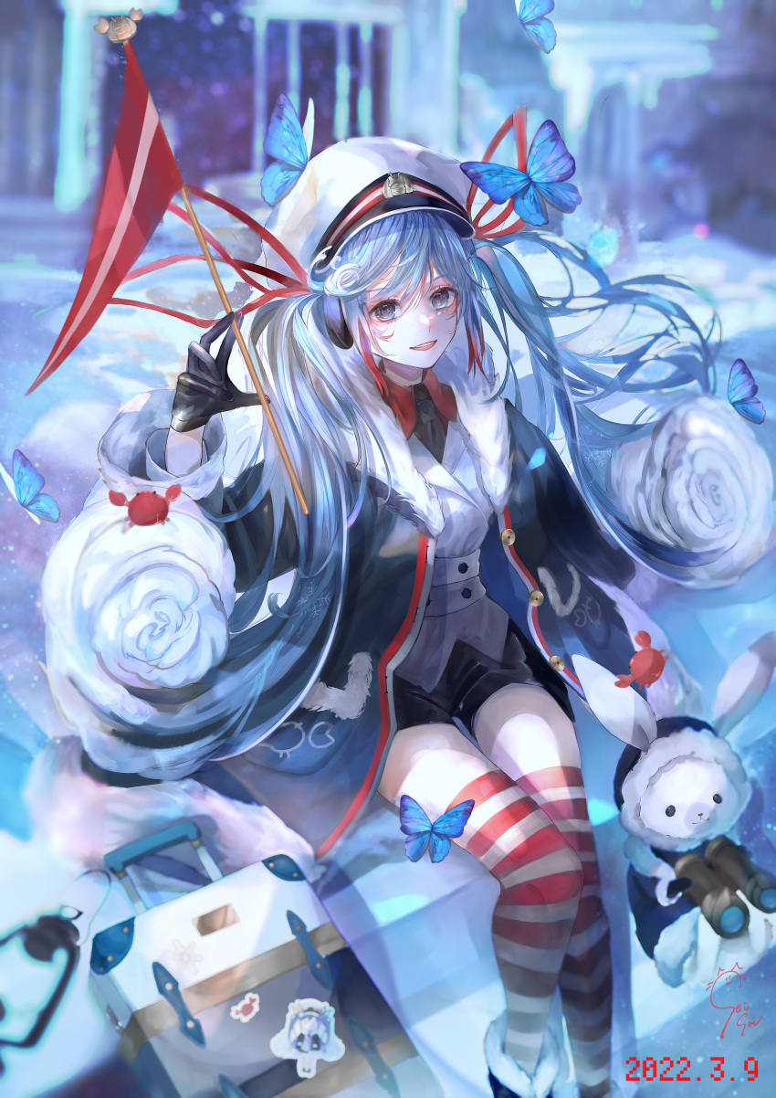 1girl 2022 :d absurdres bangs black_coat black_gloves black_necktie black_shorts blue_hair blurry blurry_background brown_eyes bug butterfly coat collared_shirt dated floating_hair gloves grey_vest hair_between_eyes hat hatsune_miku highres long_hair long_sleeves looking_at_viewer necktie open_clothes open_coat rabbit_yukine red_lips seisaiminty shirt short_shorts shorts signature sitting smile solo striped striped_legwear thigh_gap thighhighs twintails very_long_hair vest vocaloid white_headwear white_shirt wing_collar yuki_miku yuki_miku_(2022) zettai_ryouiki