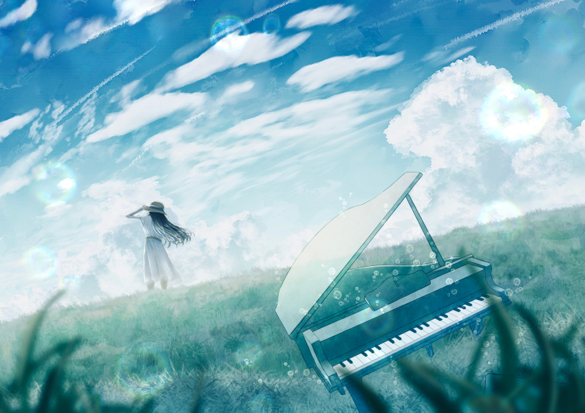 1girl absurdres blue_hair blue_sky blurry bubble cloud cloudy_sky day depth_of_field dew_drop dress field grand_piano grass hand_on_headwear hat highres instrument kumagaya_nono long_hair outdoors piano scenery short_sleeves sky solo sun_hat vocaloid water_drop white_dress