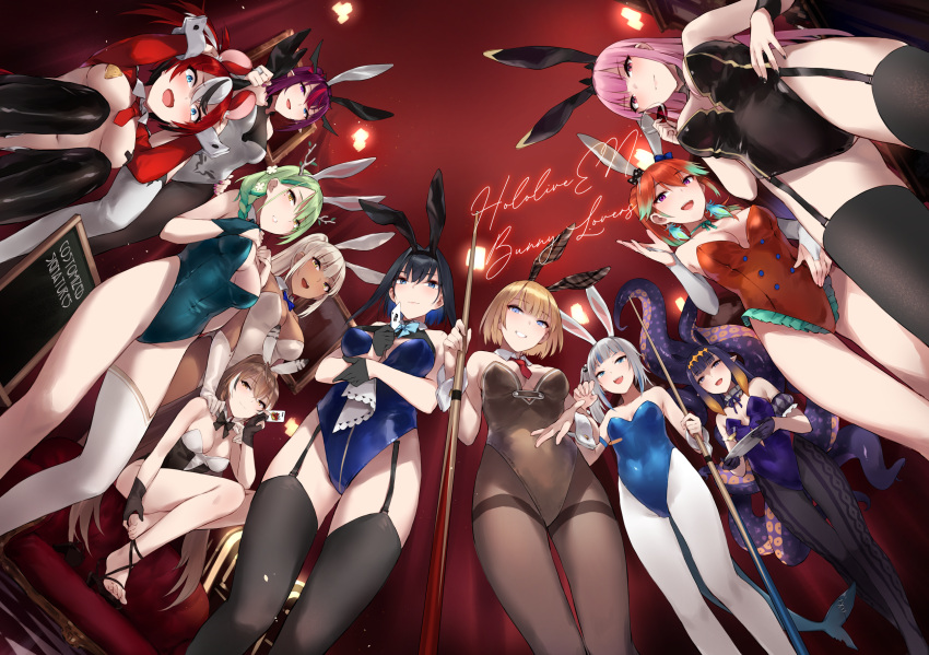 6+girls :d ace_of_spades animal_ears antlers bare_shoulders between_breasts black_gloves black_hair black_nails blonde_hair blue_eyes blue_hair bow bowtie braid breasts bridal_gauntlets brown_hair card ceres_fauna choker closed_mouth commentary_request covered_navel cue_stick cup detached_collar drinking_glass ear_grab everyone fake_animal_ears feather_hair_ornament feathers from_below garter_straps gawr_gura gloves green_gloves green_hair grin hair_intakes hair_ornament hakos_baelz hand_on_hip heterochromia highres holding holding_card holding_cup holding_plate holocouncil hololive hololive_english holomyth irys_(hololive) joker_(card) large_breasts legs leotard long_hair looking_at_viewer medium_breasts medium_hair meme_attire mole mole_under_eye mori_calliope mouse_ears multicolored_hair multiple_girls nanashi_mumei necktie necktie_between_breasts ninomae_ina'nis nontraditional_playboy_bunny open_mouth orange_hair ouro_kronii pantyhose parted_lips partially_fingerless_gloves pasties pink_hair plaid plate playboy_bunny playing_card pointy_ears ponytail purple_eyes purple_hair rabbit_ears red_eyes red_hair reverse_bunnysuit reverse_outfit revision shoes short_hair shrug_(clothing) side_ponytail sidelocks single_shoe single_thighhigh sitting small_breasts smile spade_(shape) squatting standing strapless strapless_leotard takanashi_kiara tentacles thighband_pantyhose thighhighs thighs tsukumo_sana virtual_youtuber watson_amelia white_gloves white_hair wine_glass wrist_cuffs yellow_eyes zen_juraku