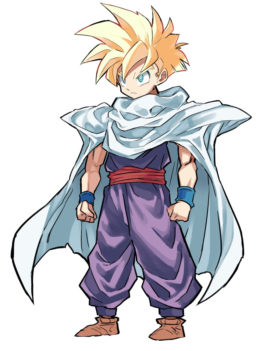 1boy angry armor belt blonde_hair bright_pupils brown_footwear cape clenched_hands closed_mouth dragon_ball dragon_ball_z highres hyou_(hyouga617) male_focus muscular muscular_male pauldrons shirt_tucked_in shoulder_armor simple_background solo son_gohan spiked_hair standing super_saiyan super_saiyan_1 white_background white_cape white_pupils wristband