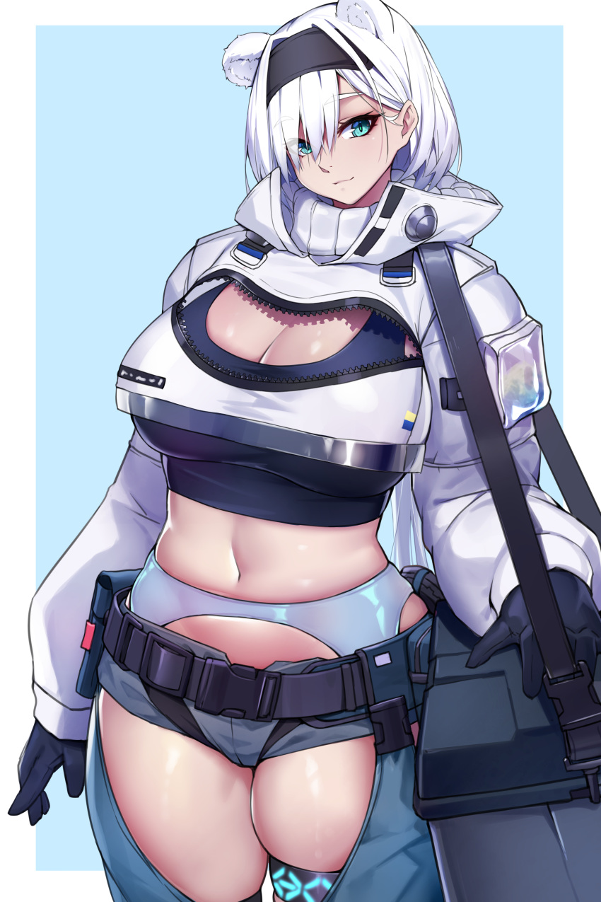 1girl absurdres animal_ears aqua_eyes arknights aurora_(arknights) black_gloves blue_background breasts cleavage closed_mouth cowboy_shot fei_er gloves highres jacket large_breasts long_sleeves micro_shorts navel short_hair shorts simple_background skindentation smile solo white_hair white_jacket