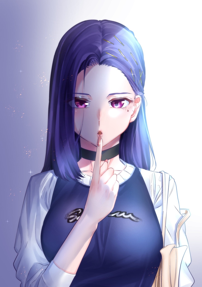 1girl akino_sayuri black_choker blue_hair blue_shirt breasts choker collarbone dosanko_gyaru_wa_namaramenkoi finger_to_mouth hair_behind_ear highres ikada_kai large_breasts looking_at_viewer mole mole_under_eye parted_lips portrait purple_eyes shirt solo