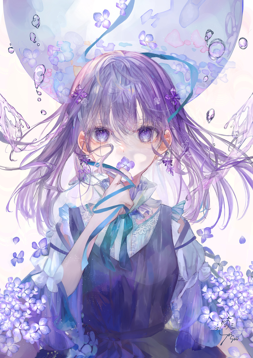 1girl absurdres bangs bow diamond_(shape) diamond_hair_ornament dress flower frilled_shirt_collar frilled_sleeves frills hair_ornament hand_on_own_face highres holding holding_flower hydrangea lace-trimmed_shirt lace_trim long_hair looking_at_viewer original purple_bow purple_dress purple_eyes purple_hair purple_ribbon ribbon seisaiminty shirt short_sleeves signature solo water water_drop white_shirt